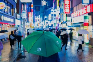 Tokyo Rainy Nightlife: Bustling Streets with Umbrellas and Neon Lights Pedestrians with umbrellas walking through Tokyo’s rainy streets, surrounded by neon signs and vibrant nightlife.