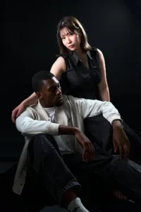French Male Model & Yuki Chitose: Intimate Couple Portrait in Tokyo Studio Professional couple portrait of French male model and Yuki Chitose in Tokyo photo studio, artistic lighting.