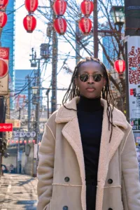 Portrait of stylish woman in Tokyo's Shibuya street fashion scene by JG Brasseur.